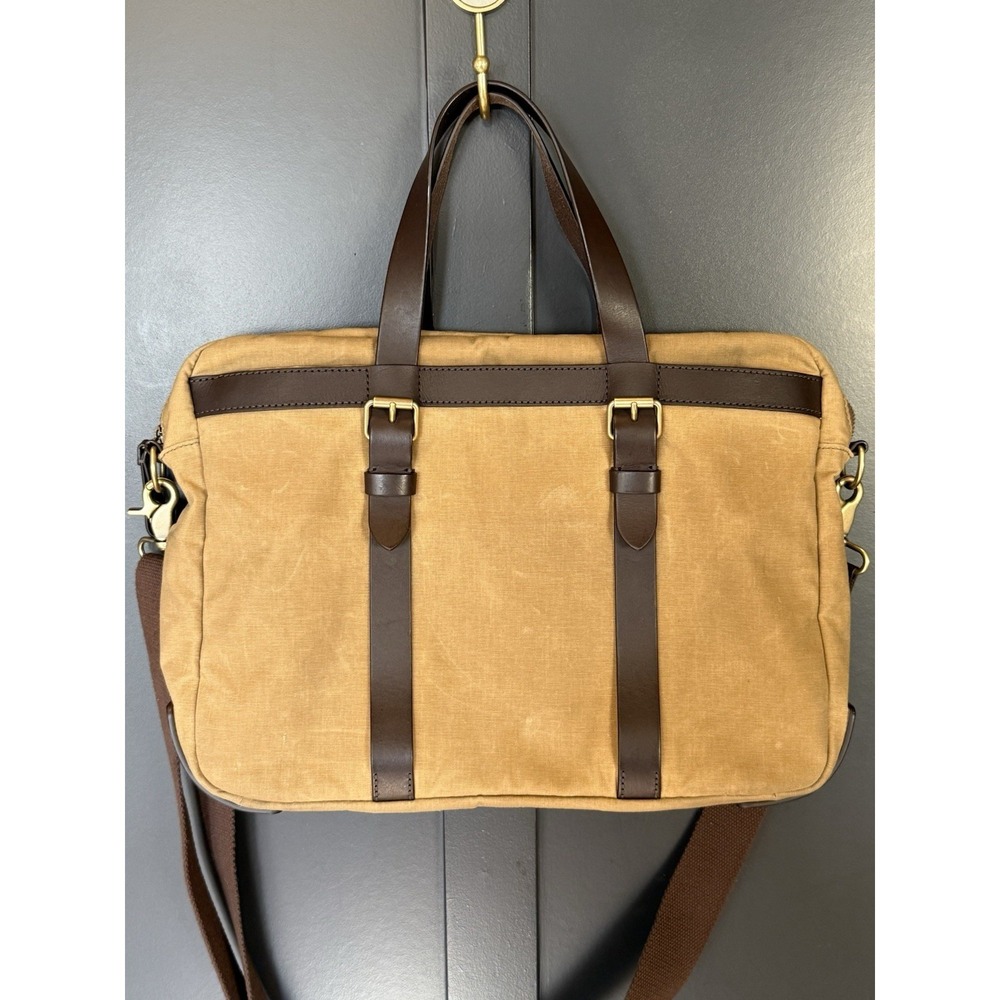 VTG FOSSIL Khaki Waxed Canvas Messenger Bag Leather Trim Padded Laptop Sleeve